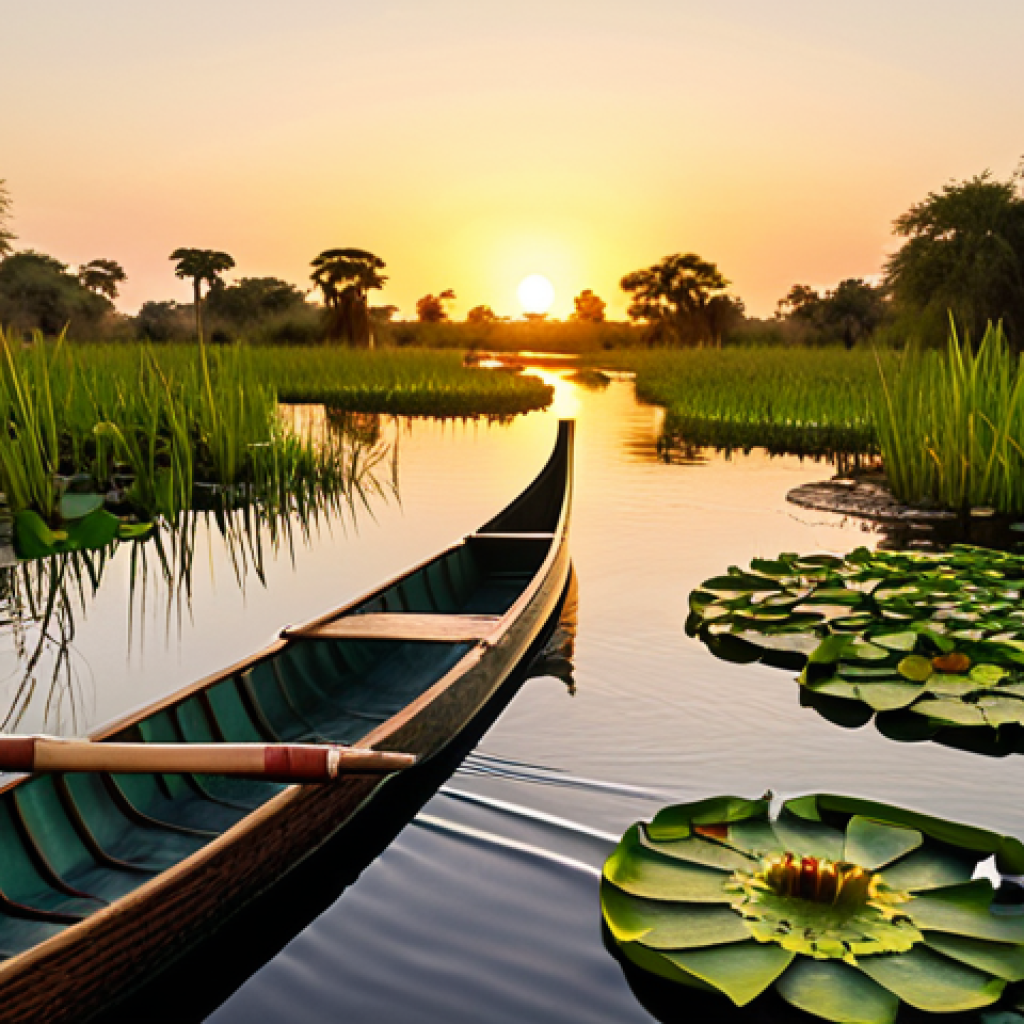 "A serene image of the Okavango Delta at sunset, featuring a mokoro (traditional dugout canoe) gliding through the narrow waterways. Water lilies should be blooming, colorful birds flying overhead, and a crocodile lurking subtly in the water. Capture the lush, green paradise with the distant sound of lions roaring in the background. Golden hour lighting is key."