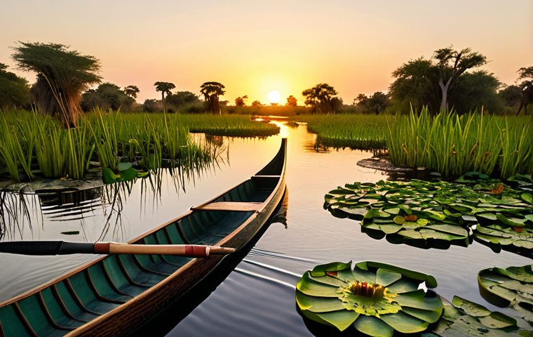 "A serene image of the Okavango Delta at sunset, featuring a mokoro (traditional dugout canoe) gliding through the narrow waterways. Water lilies should be blooming, colorful birds flying overhead, and a crocodile lurking subtly in the water. Capture the lush, green paradise with the distant sound of lions roaring in the background. Golden hour lighting is key."